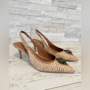 Kurt Geiger London Belgravia Slingback Raffia Woven Heels Beige Combo Size 36 EU